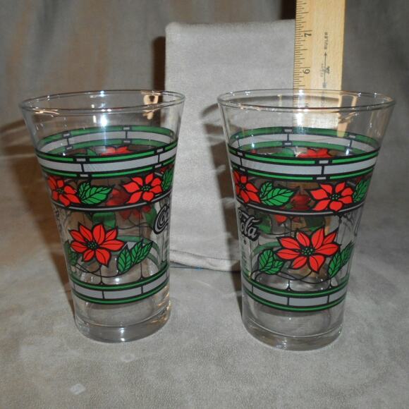 Vintage Coca-Cola Holiday Stained Glass Poinsettia Glasses Lot of 2 Tumblers - Picture 3 of 9